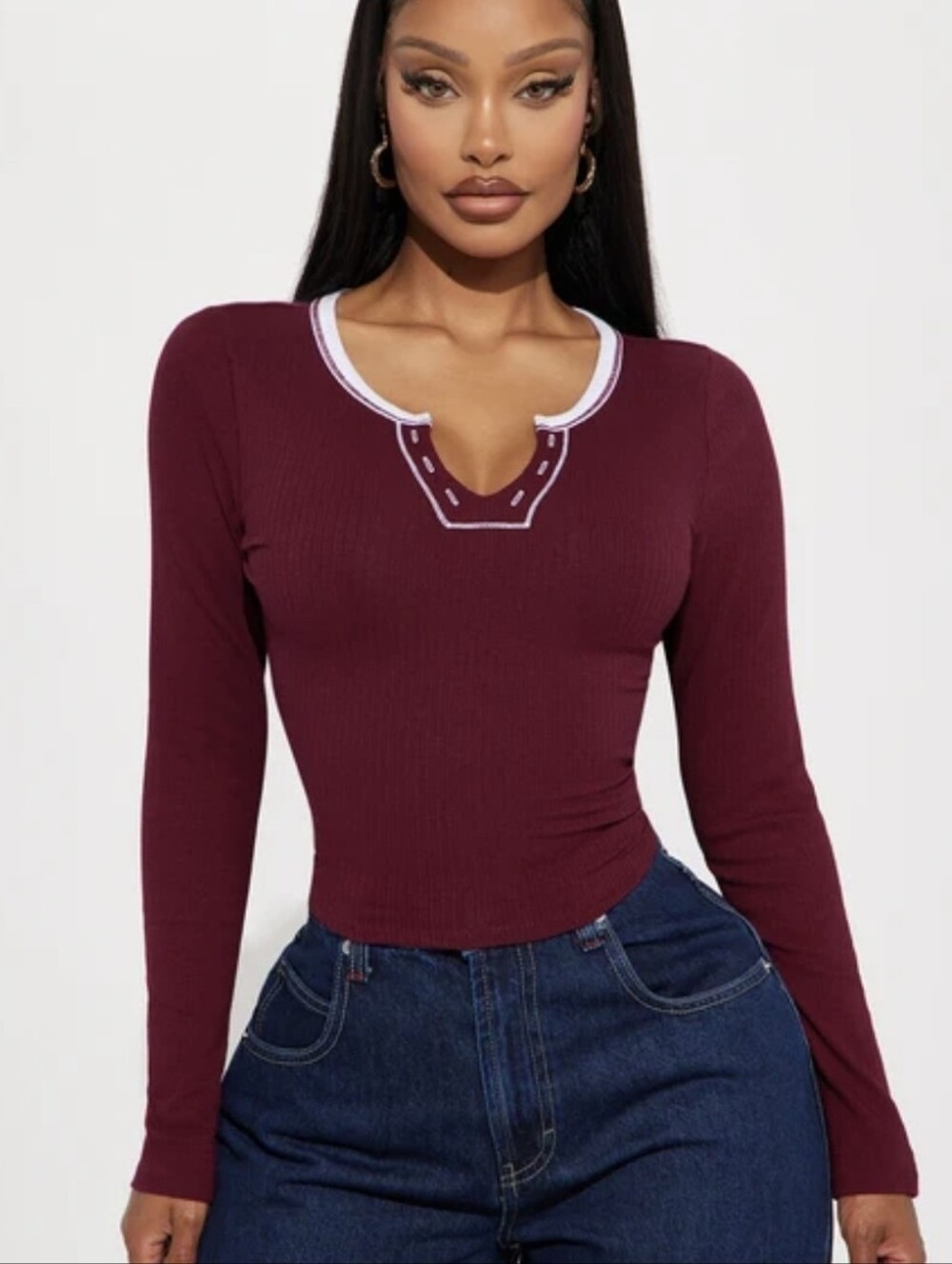 Fashion Nova, Mallory Long Sleeved Top in Burgundy